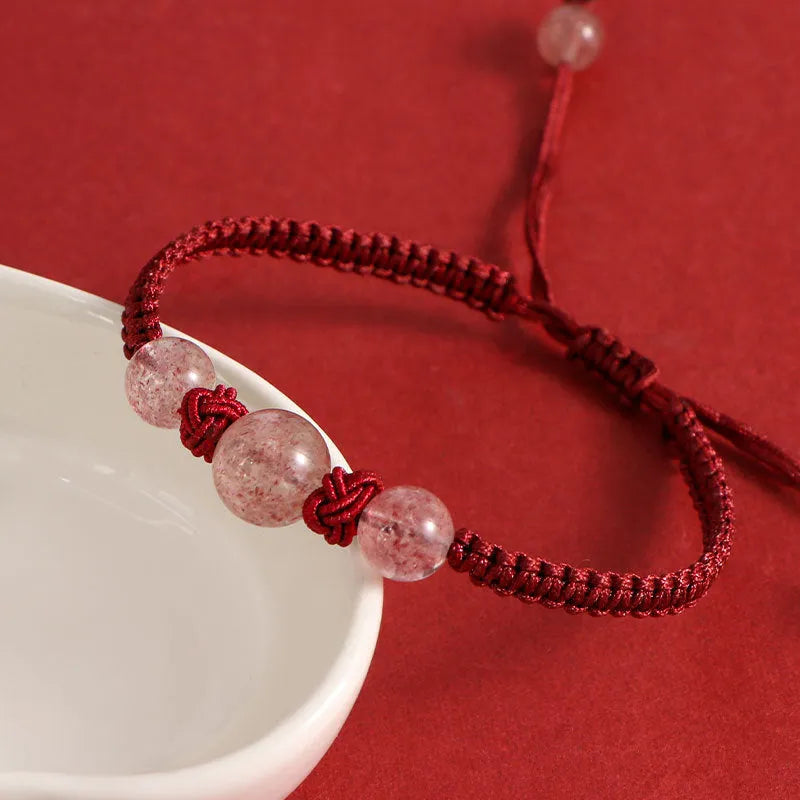 Woven red rope bracelet with strawberry quartz beads and alloy clasp in obsidian black and red styles