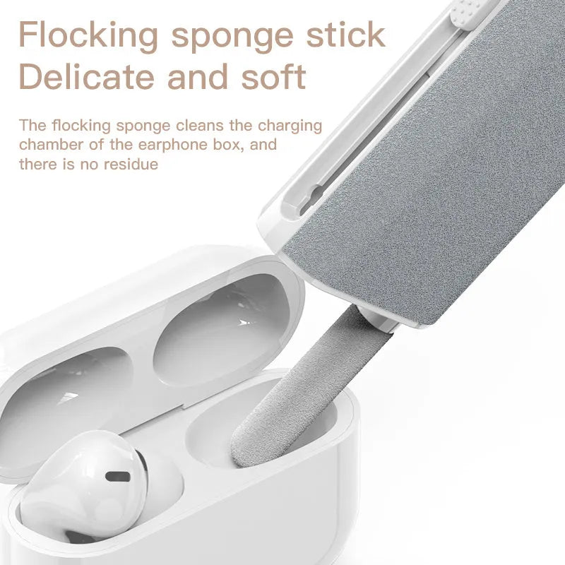 5-in-1 screen and earphone cleaning kit with integrated brush, sponge and metal tip tools