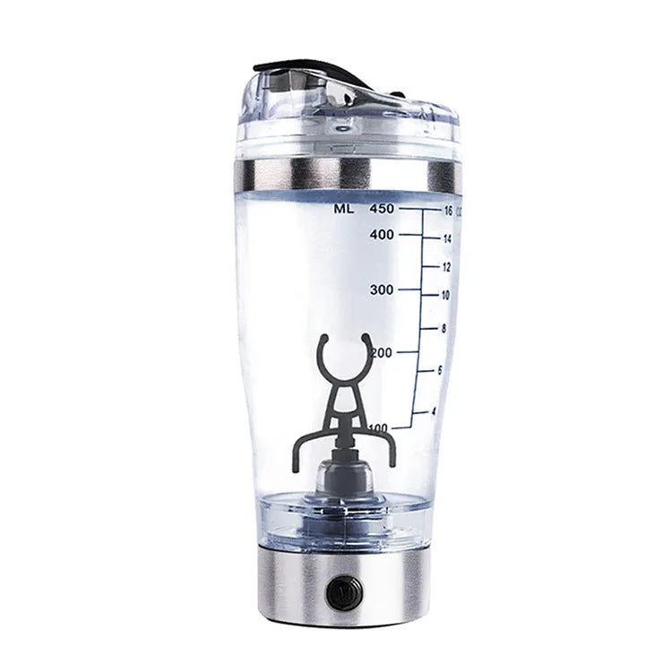 Stainless steel colour USB rechargeable electric shaker bottle with 600ml capacity.