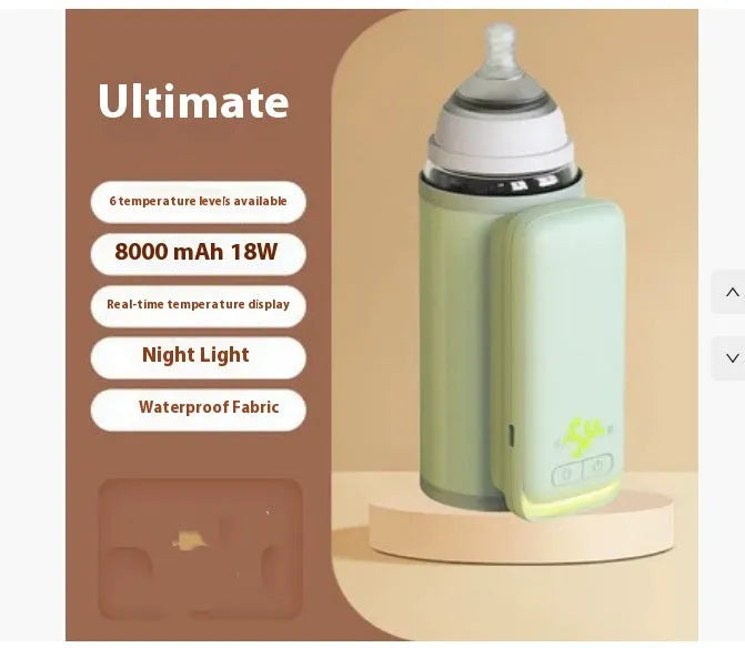 Portable milk warmer with white digital display, USB cable, and 6000mAh battery for bottle warming