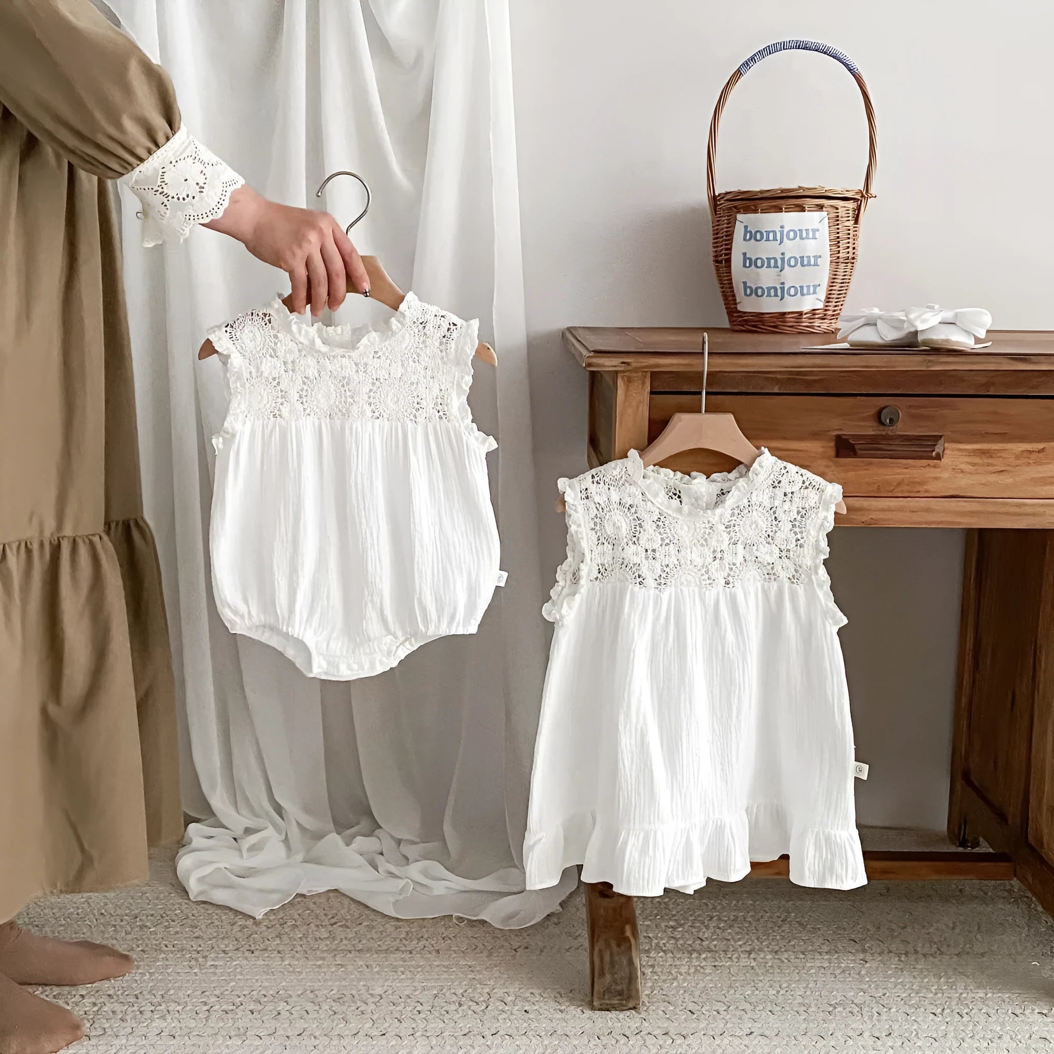 Baby girl cotton waffle lace romper in white with pullover style, suitable for 66-130cm height