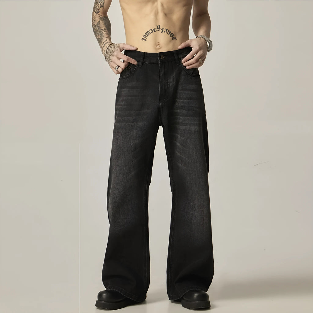 Black retro straight-leg jeans with loose fit and zipper fly in denim fabric
