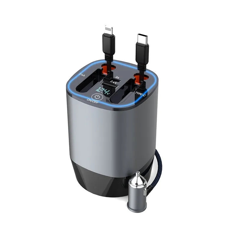 Grey matte black cup car charger with retractable cable and multiple charging ports