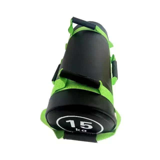 Flat white leather PVC fitness sandbag for weight training on a gym floor.