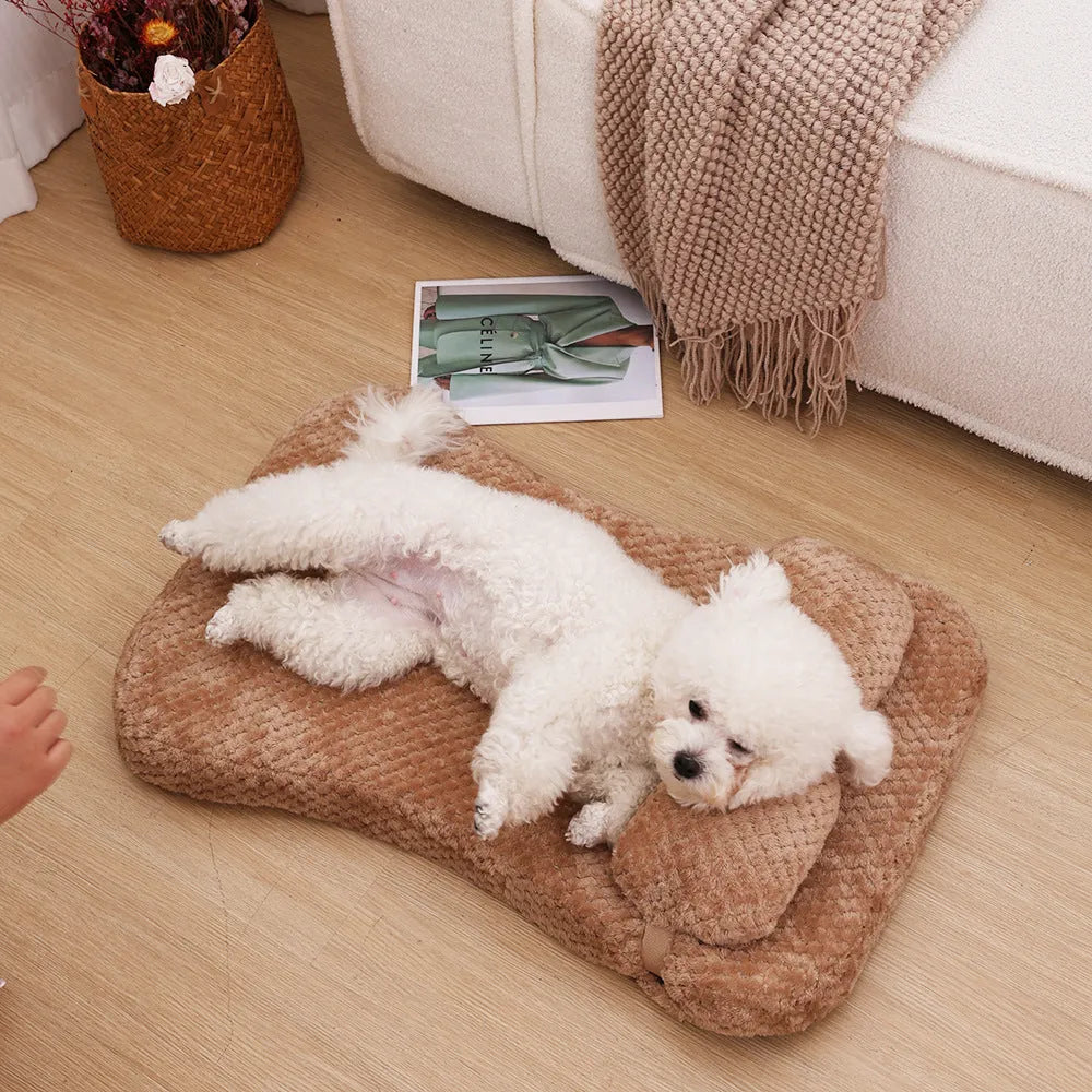 Soft plush pet bed mat with attached pillow in gray, available in large size 75x50x7cm for dogs and cats