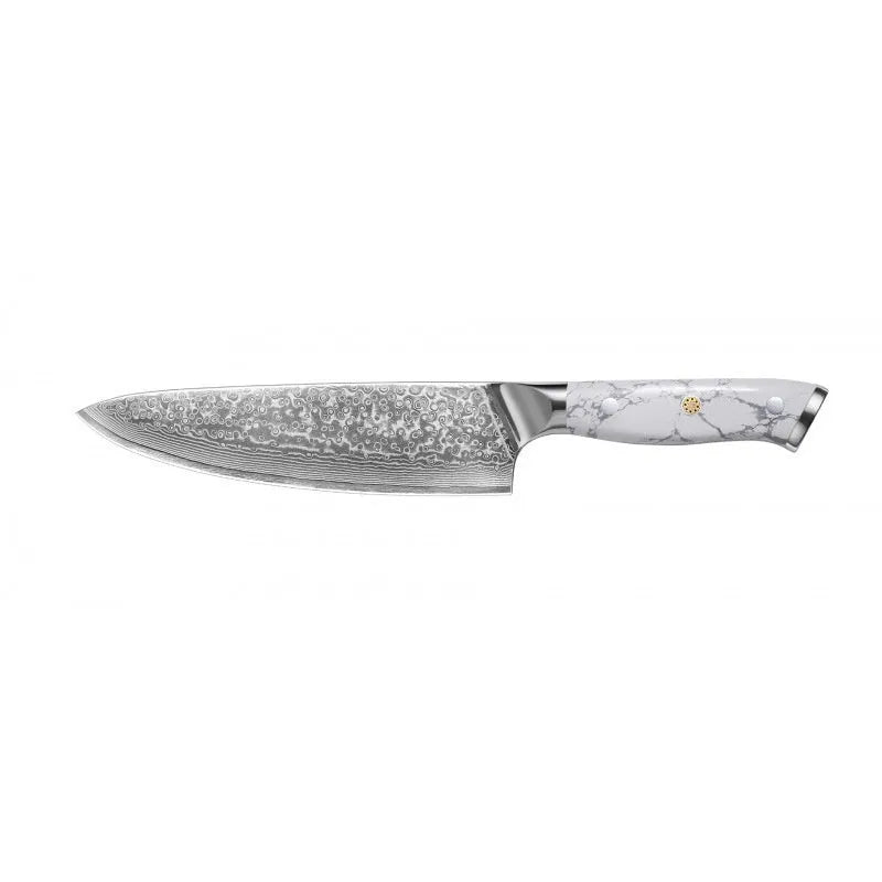 Damascus steel chef's knife with 21cm VG10 blade and 11cm handle measuring 32cm total length