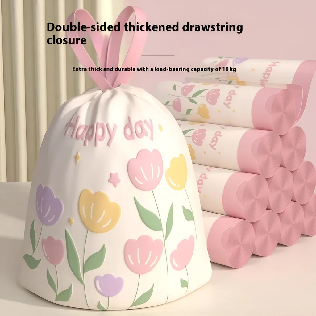 Pink degradable drawstring garbage bags with argy wormwood infusion for mosquito repellency, shown in a pack.