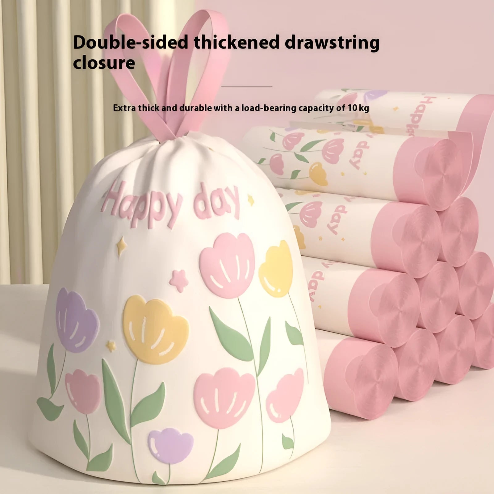 Pink degradable drawstring garbage bags with argy wormwood infusion for mosquito repellency, shown in a pack.