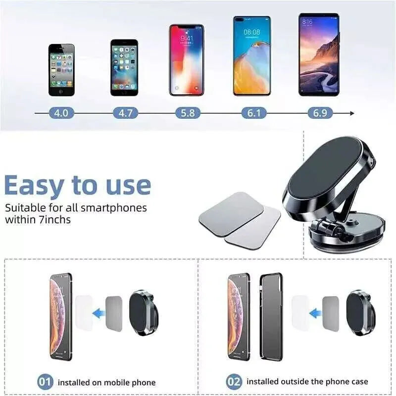 Chrome magnetic car phone holder with foldable bracket on a dashboard