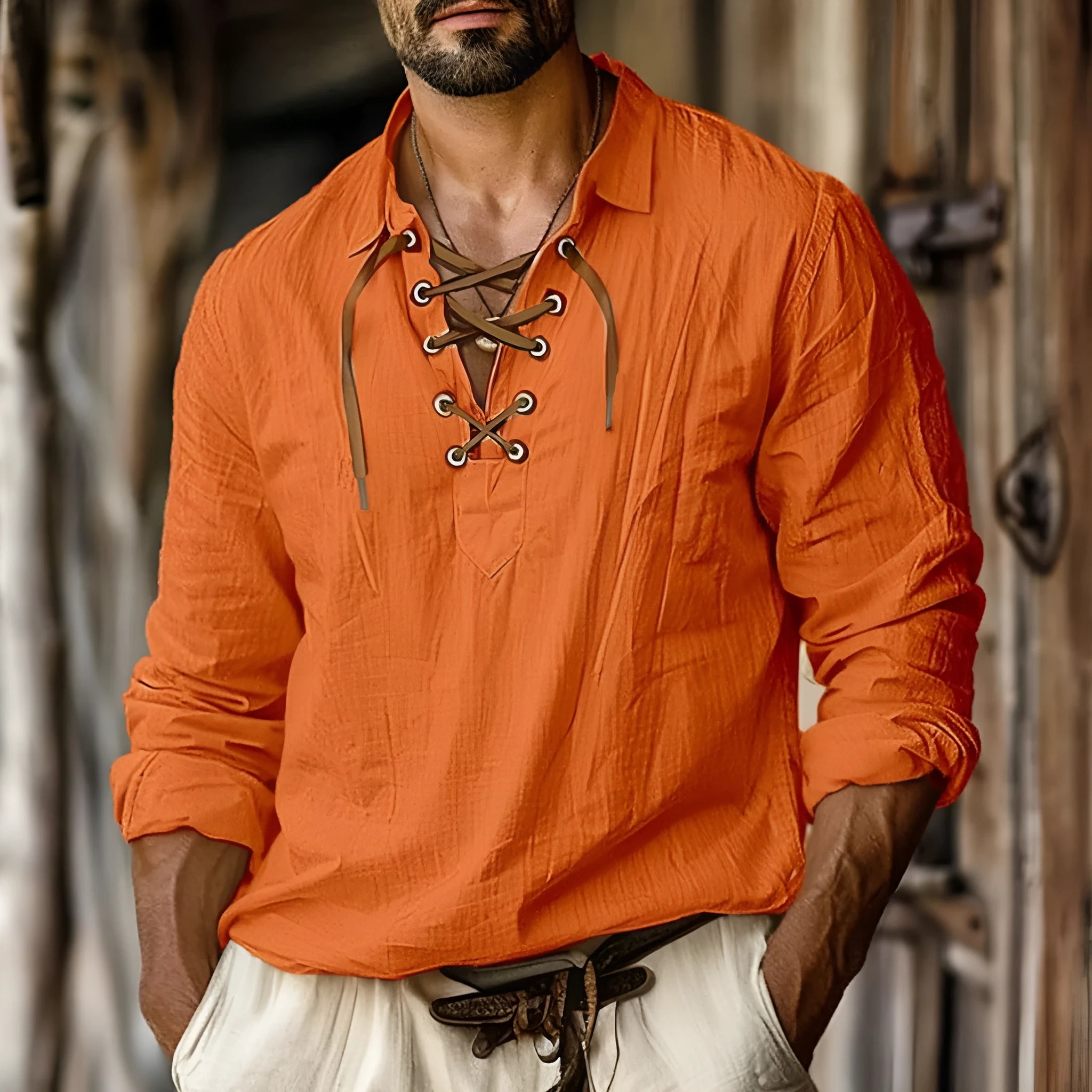 Men's plus size blue linen-cotton blend shirt with lace detailing on the front and lapels.