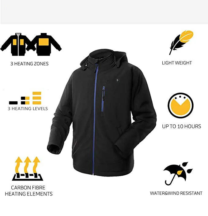 Black men's USB heated waterproof windproof winter coat with long sleeves and straight hem