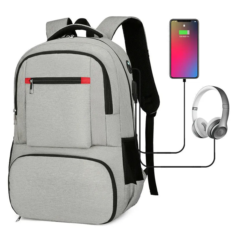 Light grey insulated Oxford cloth backpack with curved shoulder straps, shown with its pull rod belt accessory.