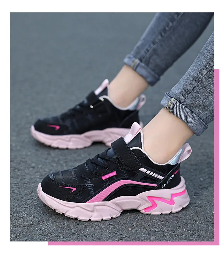 Waterproof leather girls casual sneaker with MD sole, pink leather surface and white letter pattern