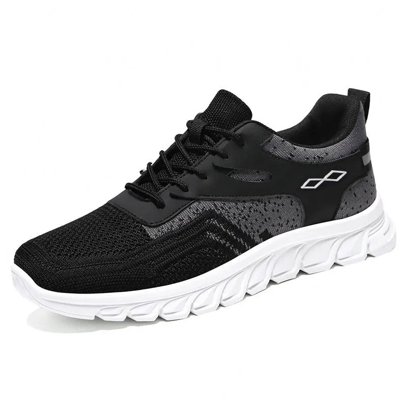 Men's soft bottom breathable striped sneakers with polyester fibre upper in white colour, flat heel and round toe