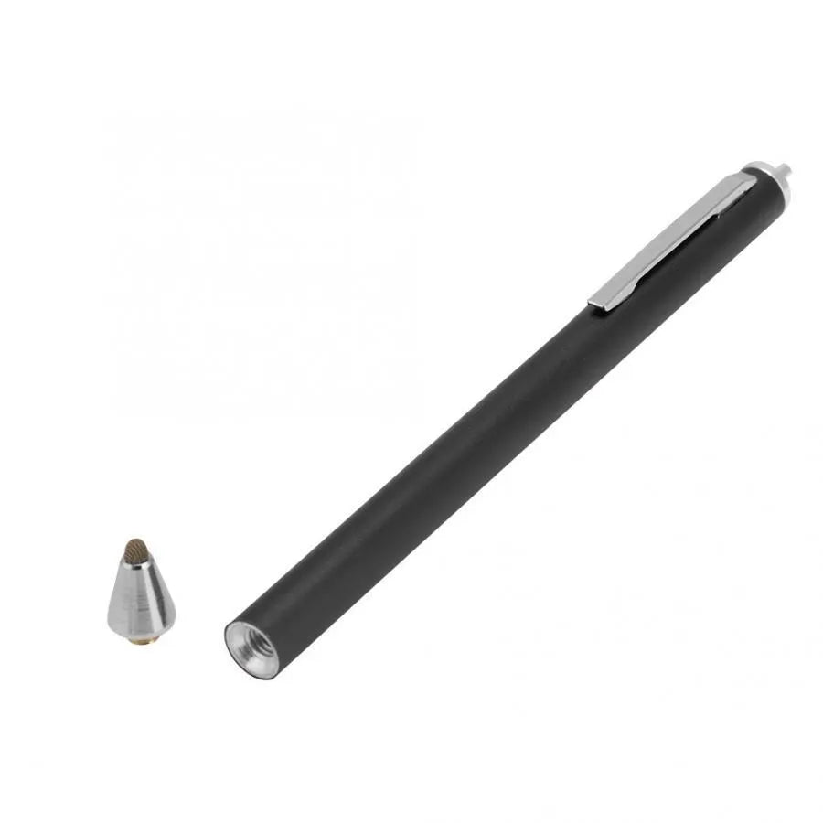 A black metal stylus with a fine silver tip on a touch screen tablet, showing a detailed line drawing.