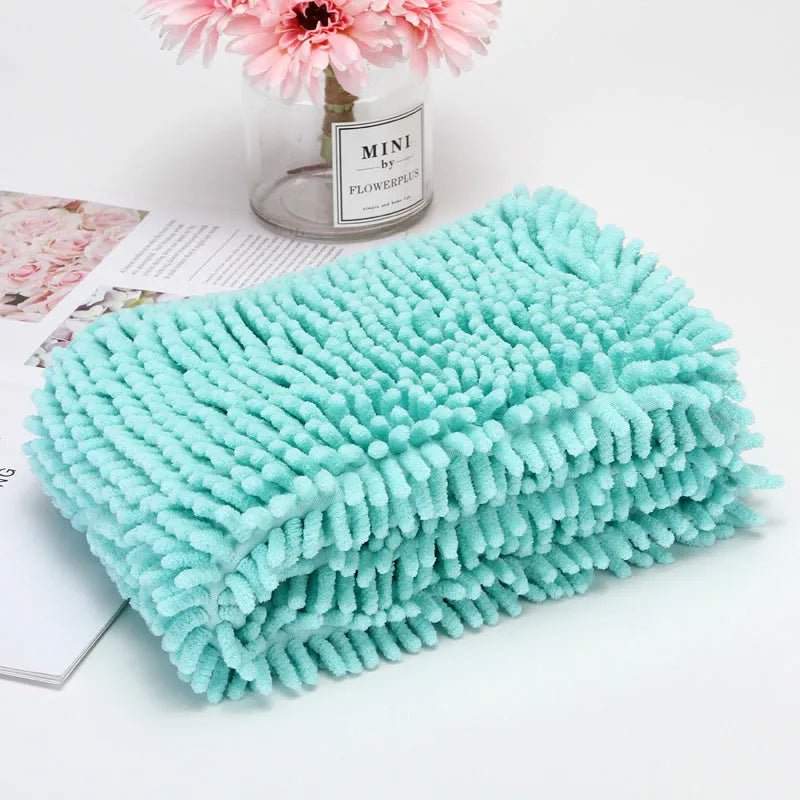 Pet chenille extra size quick-drying absorbent towel in blue on white background