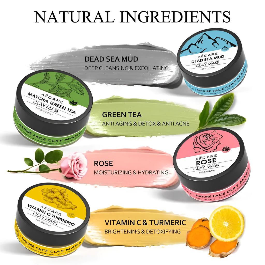 Four-pack Dead Sea mud clay masks with Green Tea, Turmeric and Rose extracts