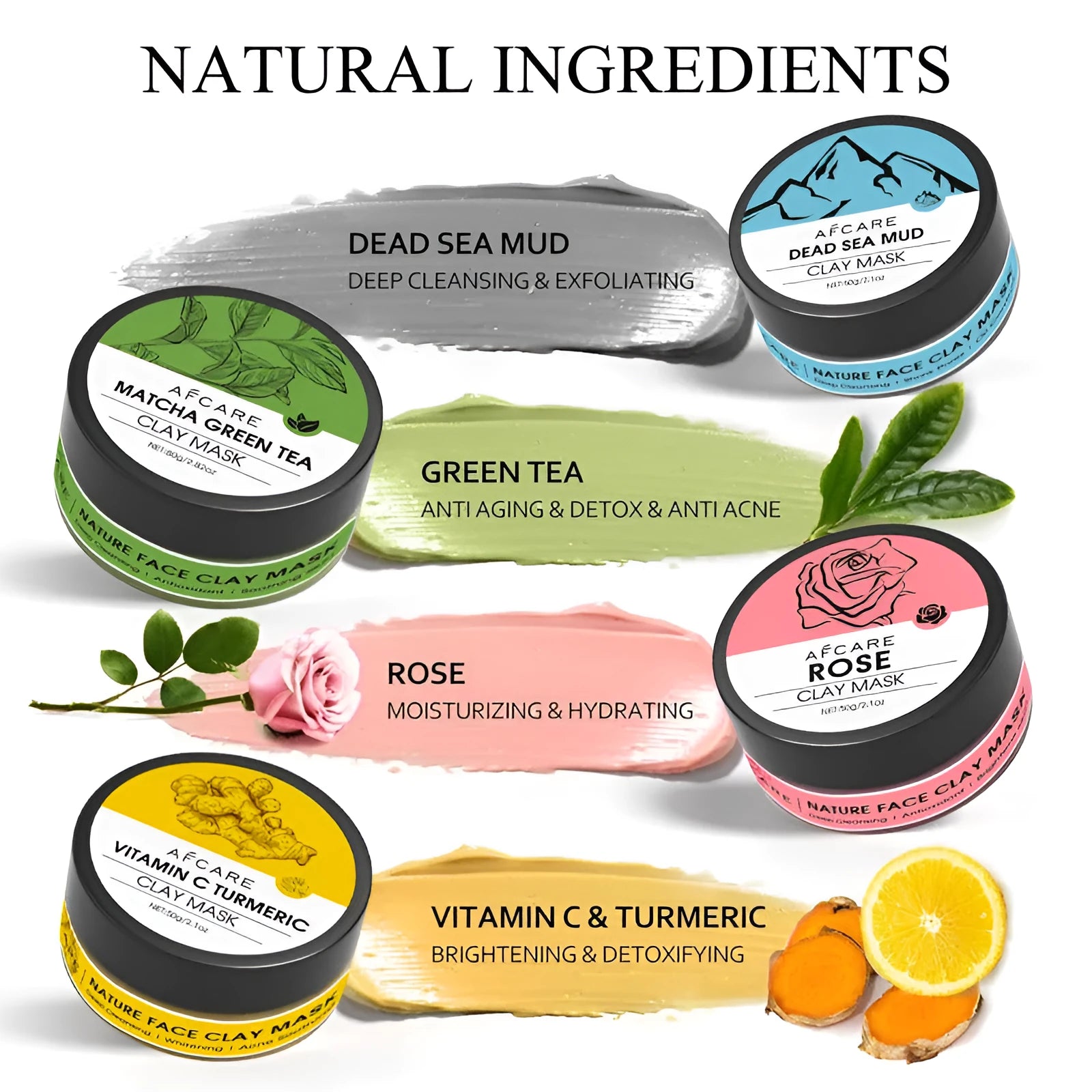 Four-pack Dead Sea mud clay masks with Green Tea, Turmeric and Rose extracts