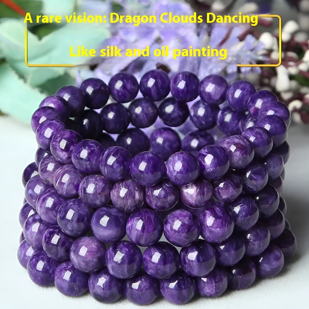 Natural transparent charoite crystal bracelet with platinum setting, shown in different bead sizes.