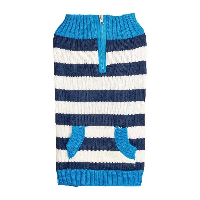 Grey dog jumper with contrasting colour trim, horizontal front zipper, and button-secured chest pocket