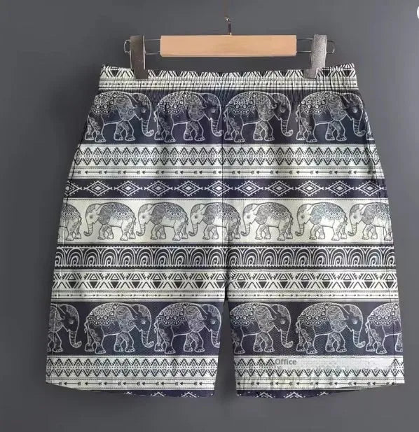 Men's polyester casual shorts in multiple patterns including stripes and camouflage, sizes S to 5XL