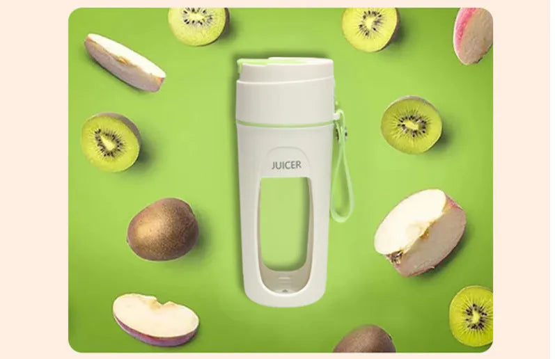 Portable USB electric blender with borosilicate glass cup in fresh orange, grass green, and light purple colours.
