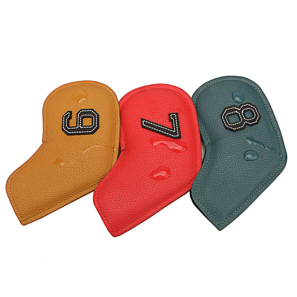 Set of ten colourful digitally printed golf club head covers made from PU material.