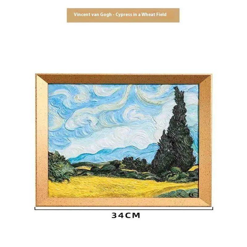 DIY hand drawn oil painting kit showing epoxy pottery base, propylene paints, brushes, and a completed framed Van Gogh 'Starry Night' example.