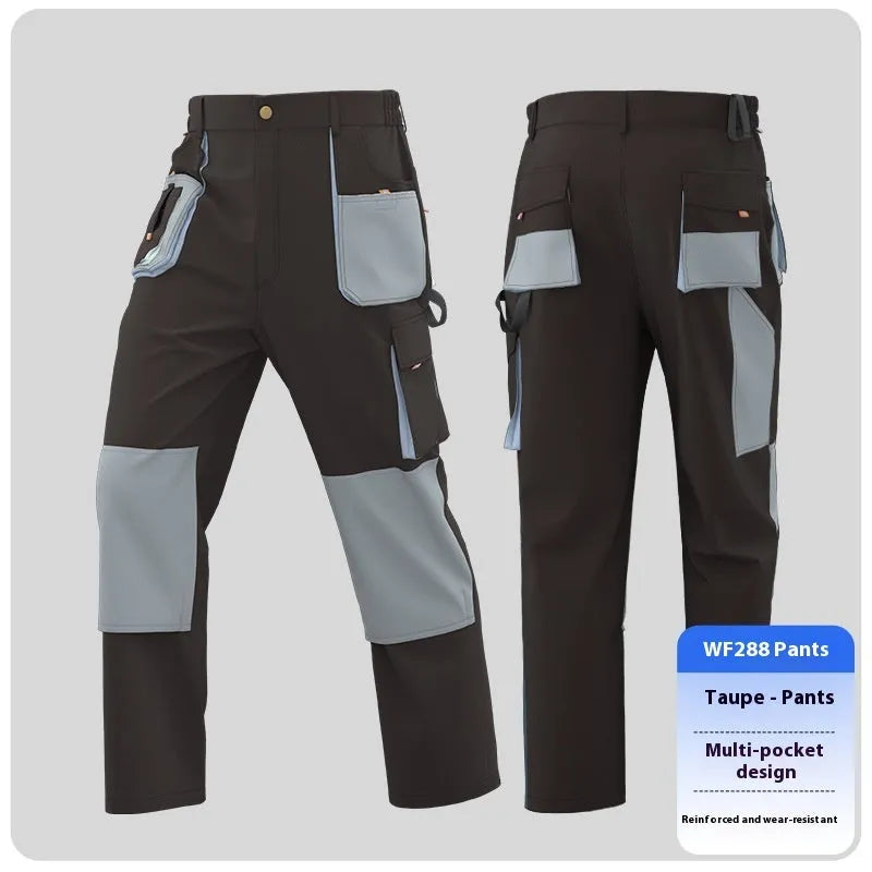 Men's multi-pocket hard-wearing polyester shorts in green grey with multiple pockets, side view