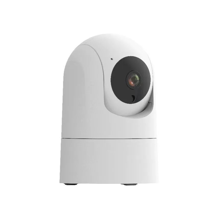 White indoor security camera with remote pan and tilt on a stand, showing 1080p HD and two-way audio features.