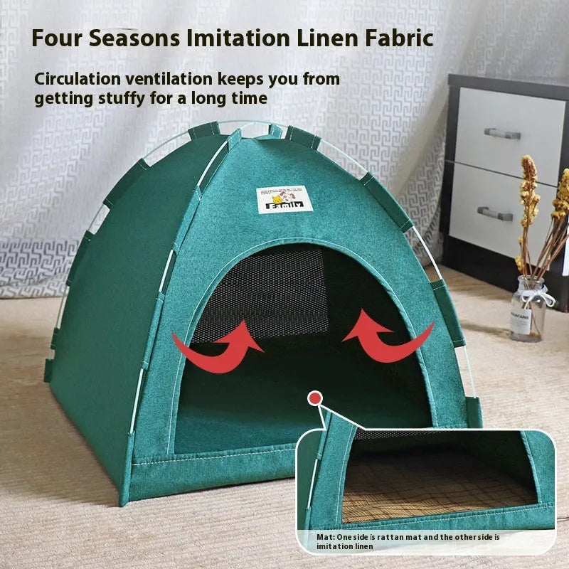 Grey removable-cover pet tent bed for cats and small dogs measuring 36cm.