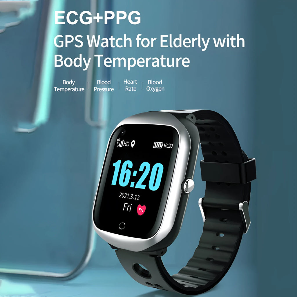 Square faced GPS smartwatch for elderly with black silicone strap on a wrist.