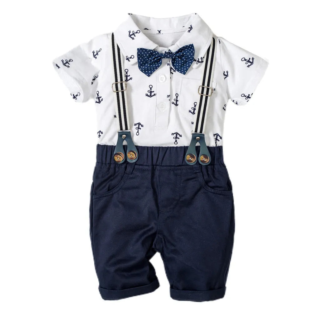 Blue cotton baby boy romper with triangle print and short sleeves for summer