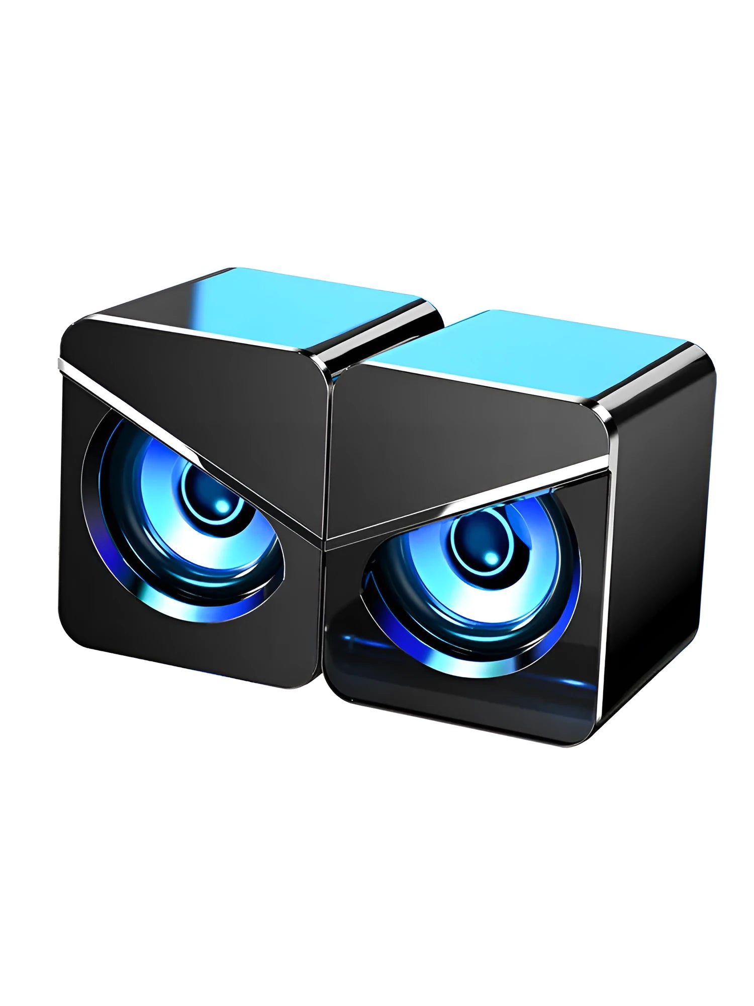 Black and white USB mini computer speakers with cable for desktop audio