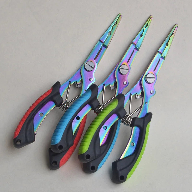Medium fishing pliers with hook in straight mouth design showing steel construction and coloured handles