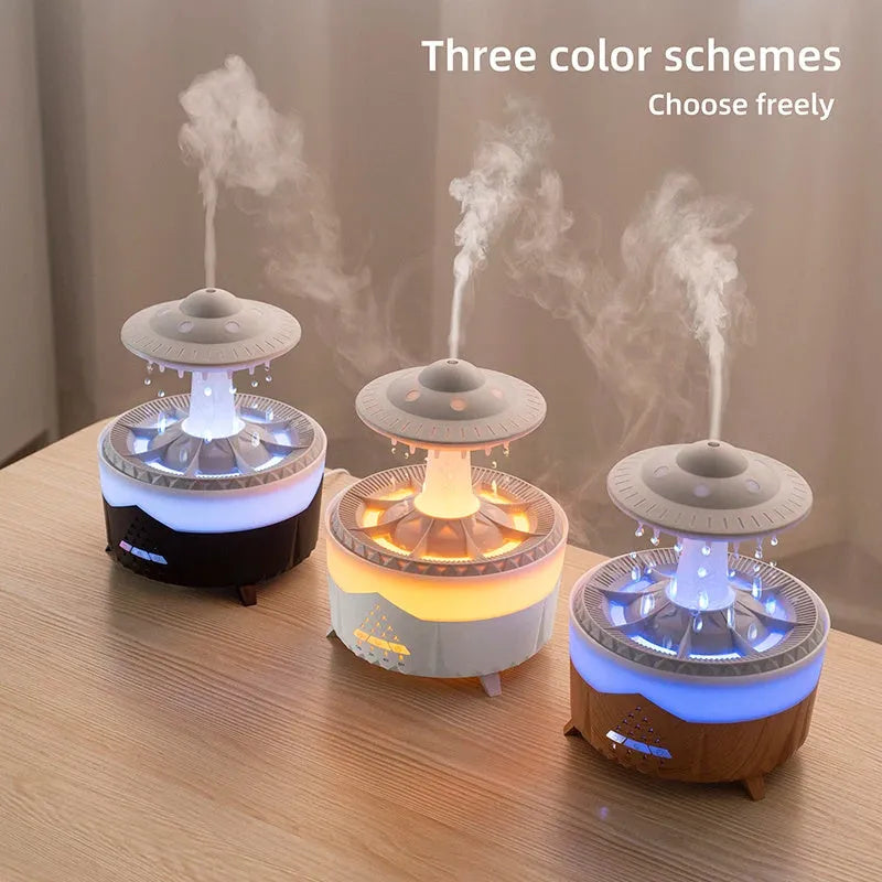 UFO-shaped cloud humidifier with rain drop sound and 7-colour night light