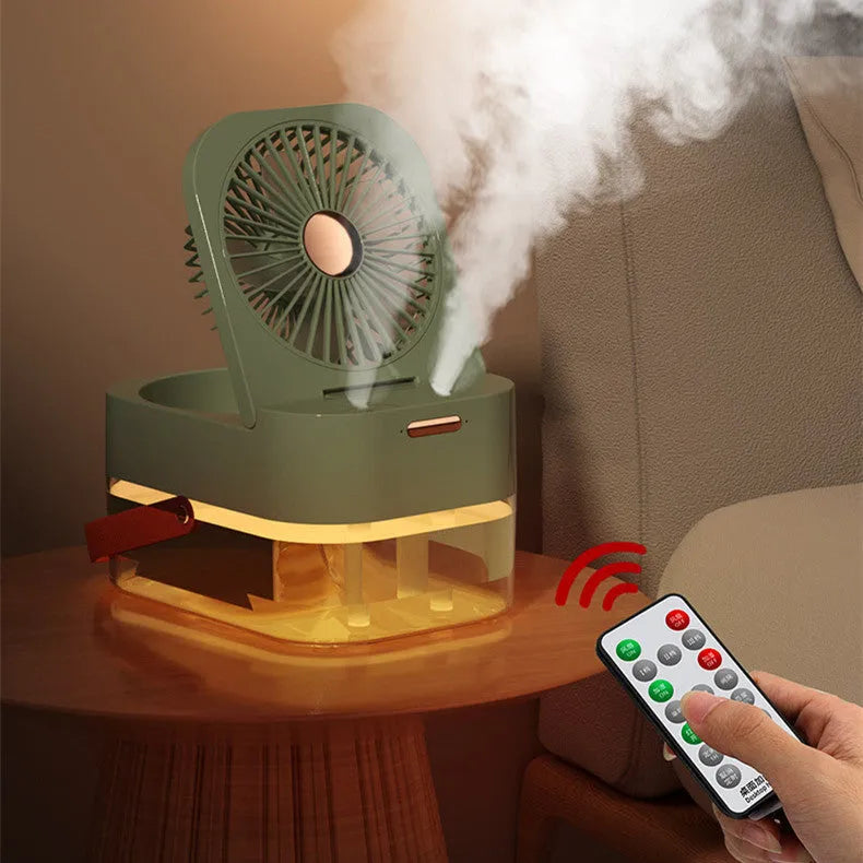 USB desktop humidifier spray fan with remote control in pearl white or forest green, showing 2.5L water tank and dual spray nozzles