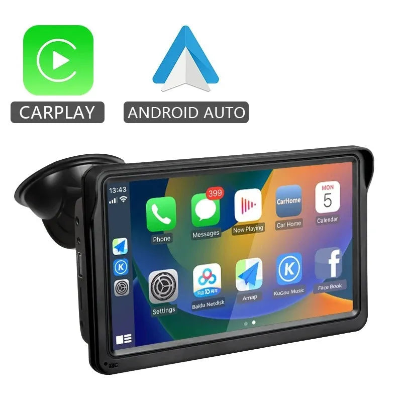 7-inch car display screen showing wireless CarPlay interface with 1024x600 HD resolution