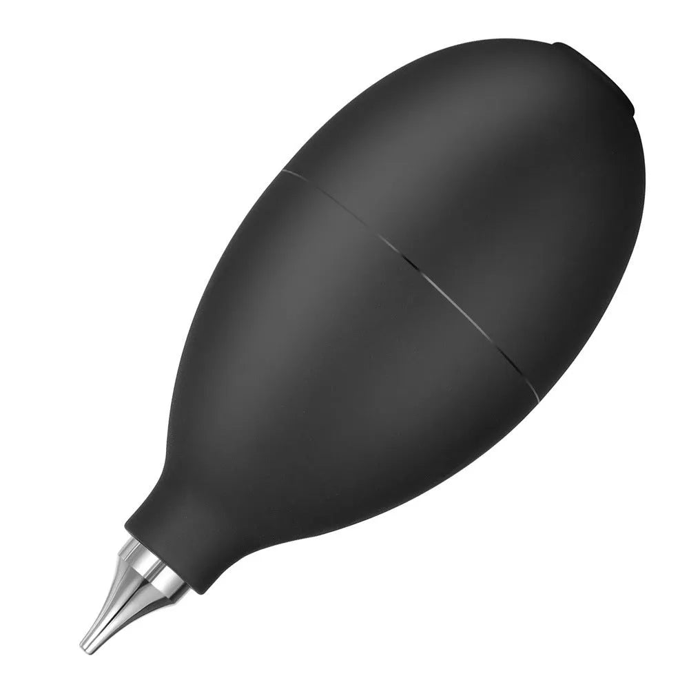 Blue handheld rubber air blower dust removal tool for cleaning camera lenses and electronics.
