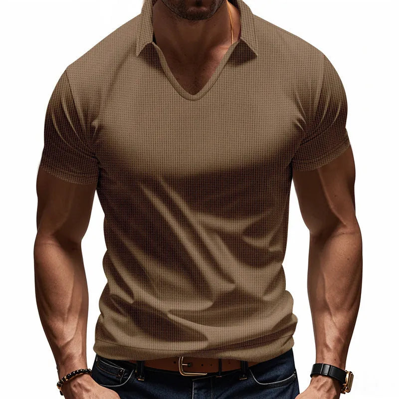 Men's loose fit V-neck short sleeve T-shirt in a light blue solid colour.