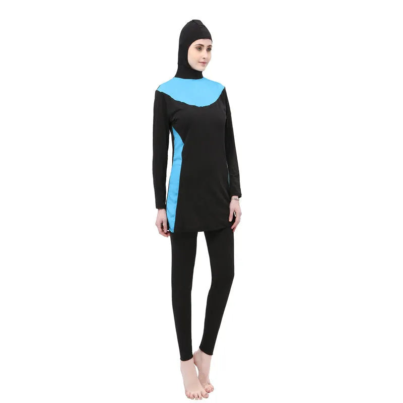 Conservative long sleeve hooded swimsuit for women, shown as a black top and pants set.