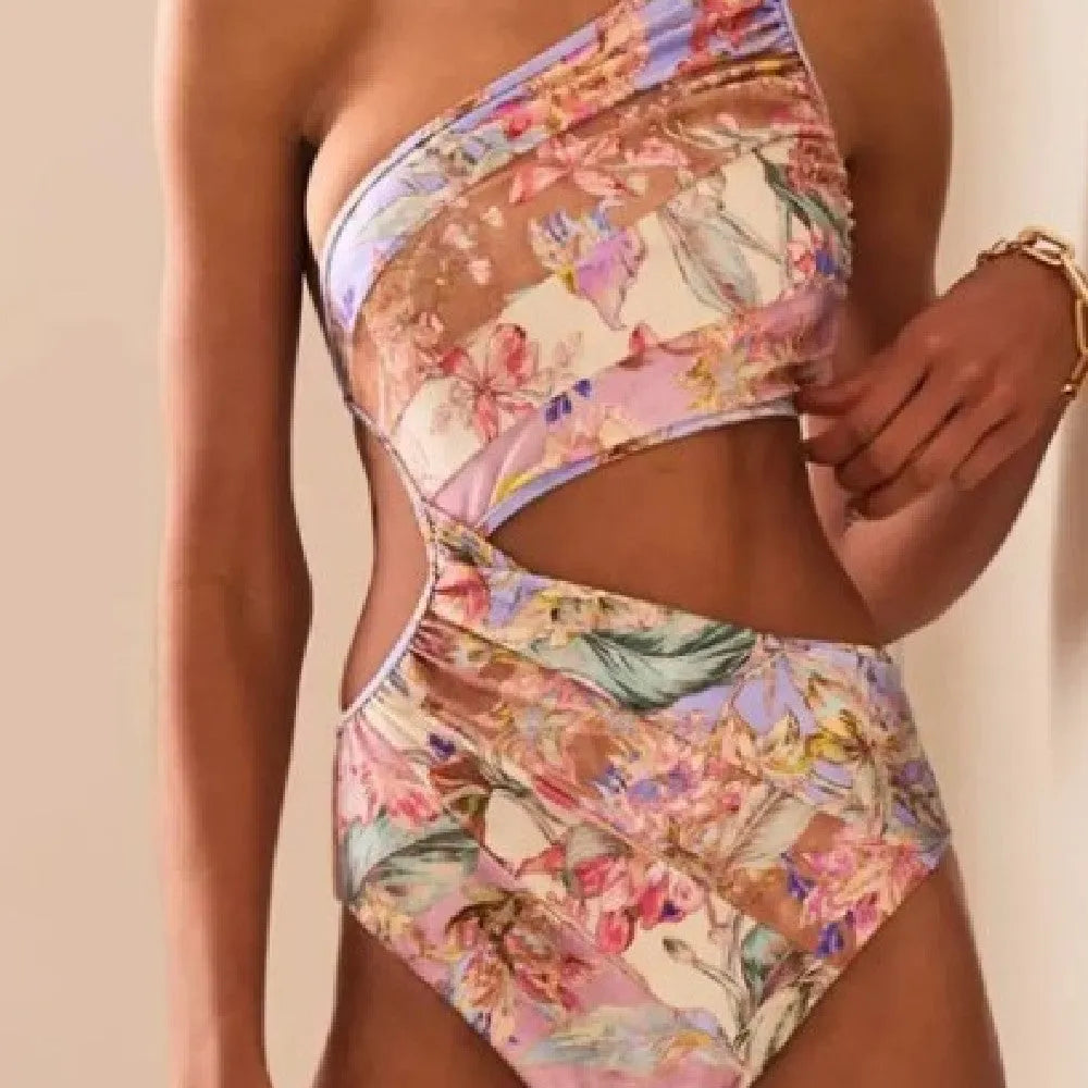 Women's patterned rose gold one-piece swimsuit with summer swimwear design