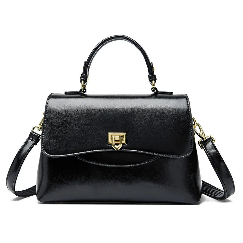 Women's large-capacity soft PU shoulder tote bag in black with horizontal square shape and sewing line detail