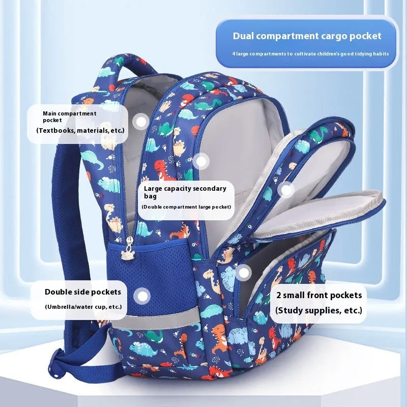 Children's waterproof school backpack with dinosaur pattern and curved shoulder straps