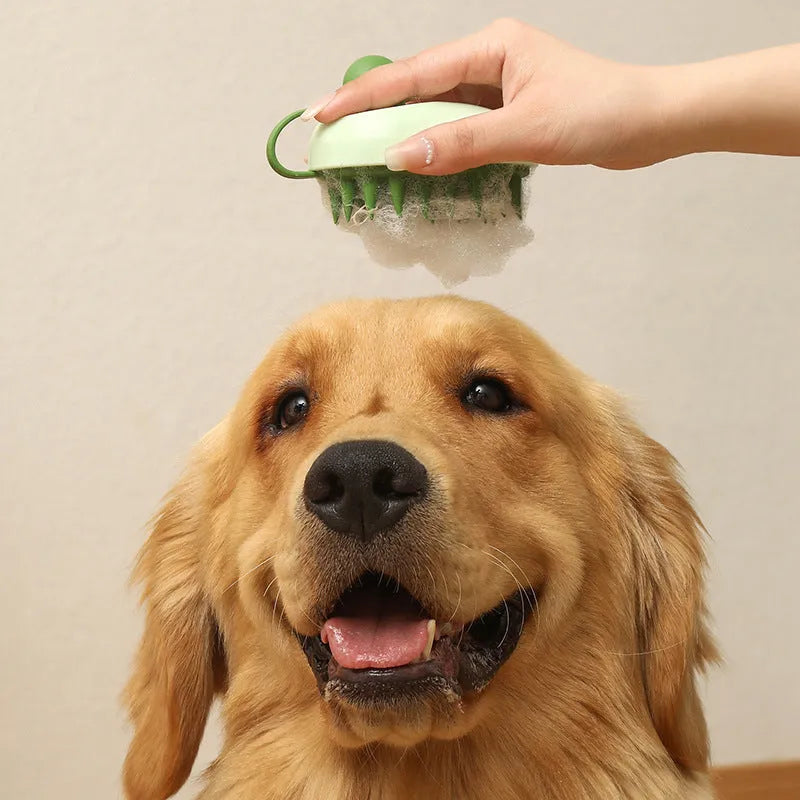 Handheld pet grooming brush for dogs with soft silicone bristles in four colour options