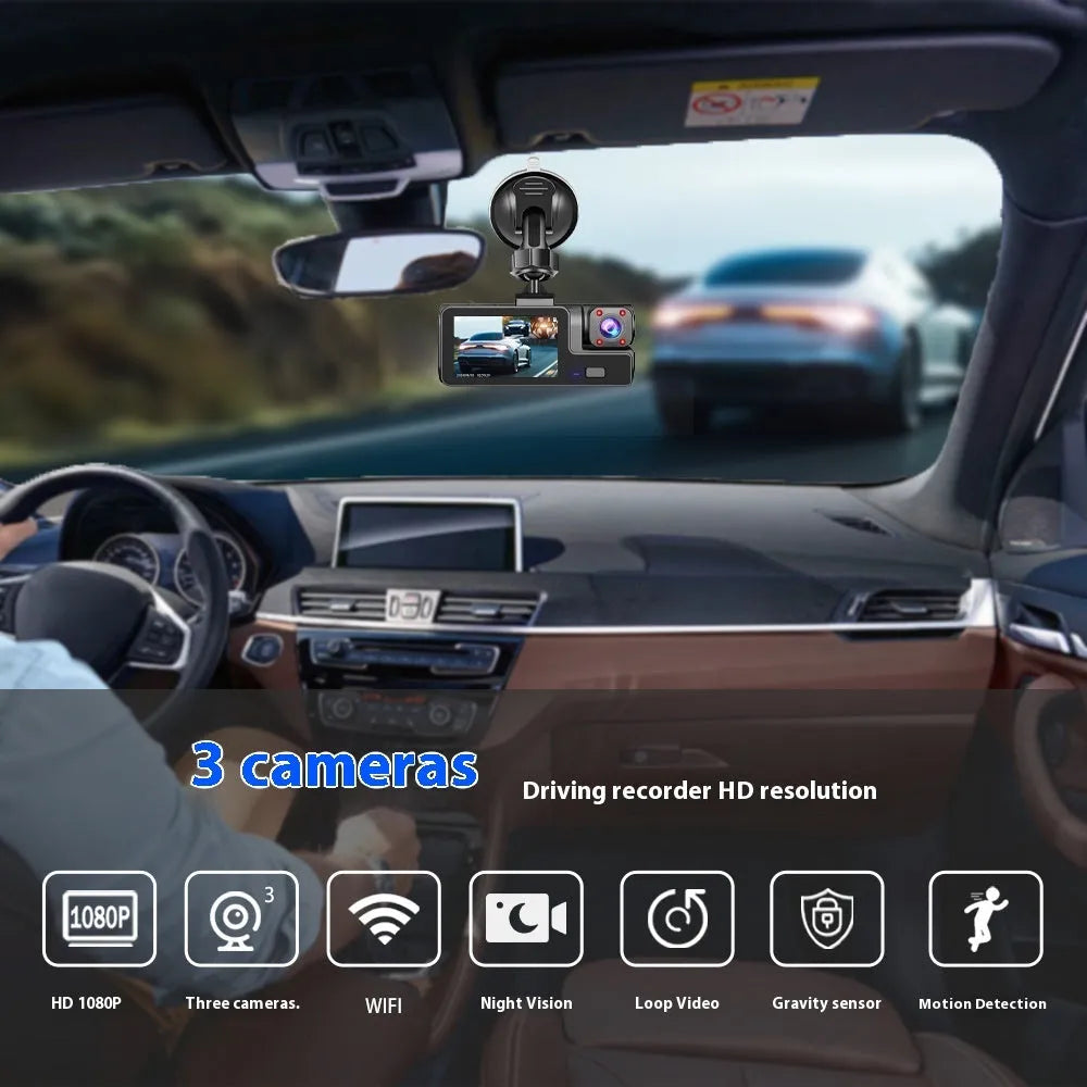 Black car dash cam with 2-inch screen mounted on windscreen, showing live reversing camera feed.