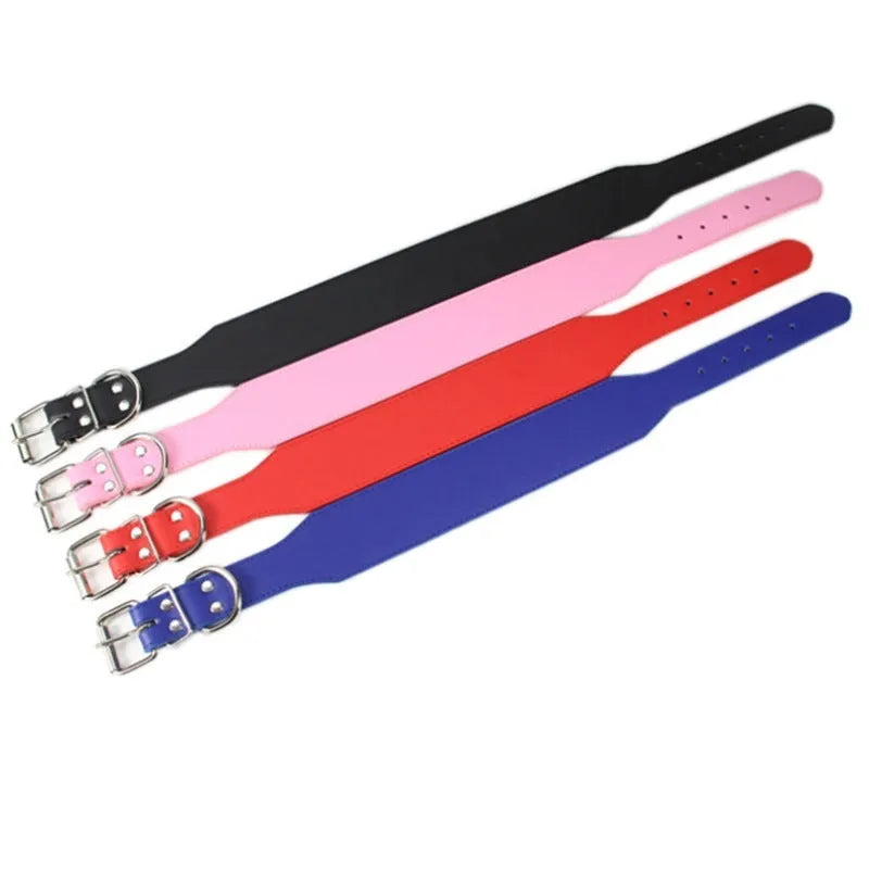 Fish-shaped leather dog collar in five colours with 5cm width and adjustable sizing