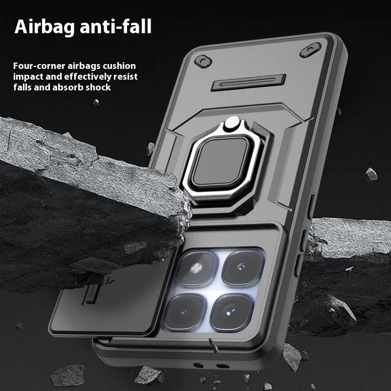 Redmi K70 Extreme Edition phone case with sliding window lens and magnetic bracket in cool black