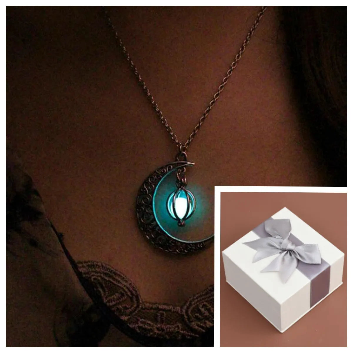 Alloy luminous pumpkin heart-shaped pendant necklace 50cm chain on display with glow effect