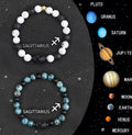 Twelve zodiac sign bracelets made with natural stone beads on elastic cord.